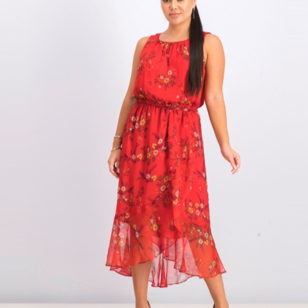 Highland Slvls FloralPrint WovenChiffon OverlayDress Red